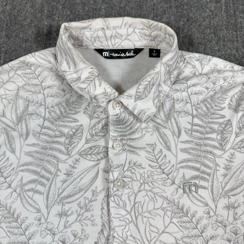 TravisMathew Men's S White Gray Botanical Print Performance Golf Polo Shirt